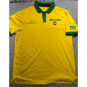 Nike Brasil Basketball Yellow Polo Shirt Green Collar & Sleeves Dri-Fit Size M